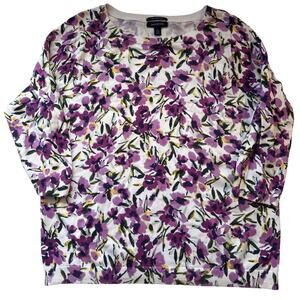 Lands’ End Women’s Large Floral Supima Cotton Sweater White Purple